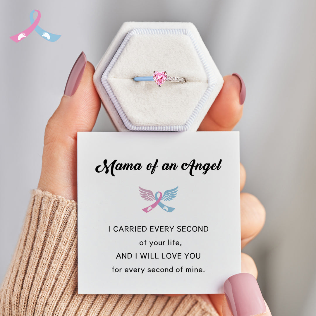 For Memorial - Mama Of An Angel Pink Heart & Blue Heart Ring