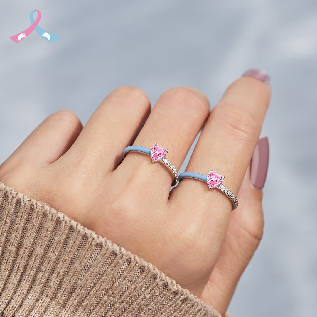 For Memorial - Mama Of An Angel Pink Heart & Blue Heart Ring