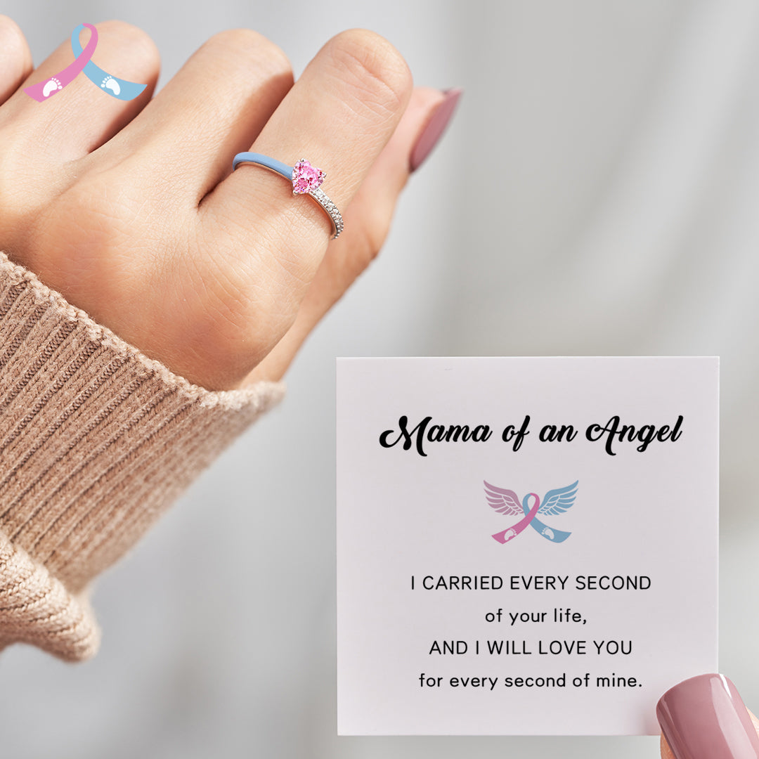For Memorial - Mama Of An Angel Pink Heart & Blue Heart Ring